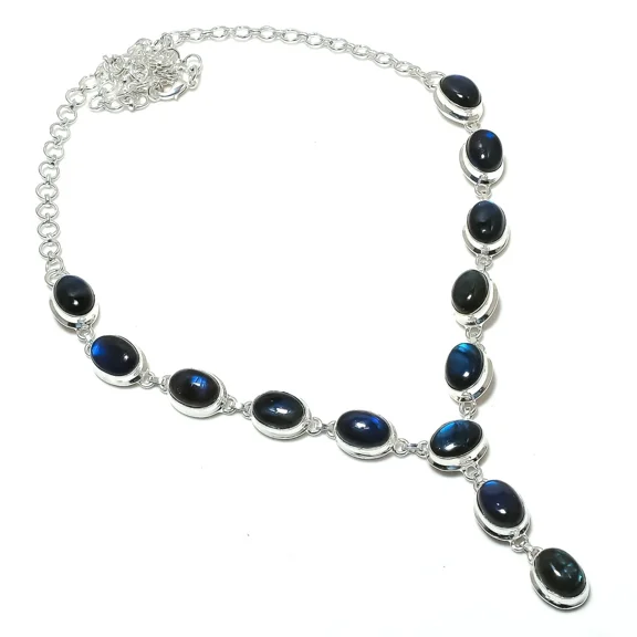 Labradorite Gemstone Necklace Handmade Beautiful Necklace Natural Oval Cabochon Blue Flashy Labradorite 925 Sterling Silver Plated Jewelry 22 Inch Adjustable Necklace