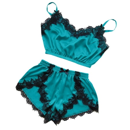 

Womens Lingerie V Neck Lace Splicing Eyelash Camisole Pajamas Bowknot Shorts Set Underwear Women