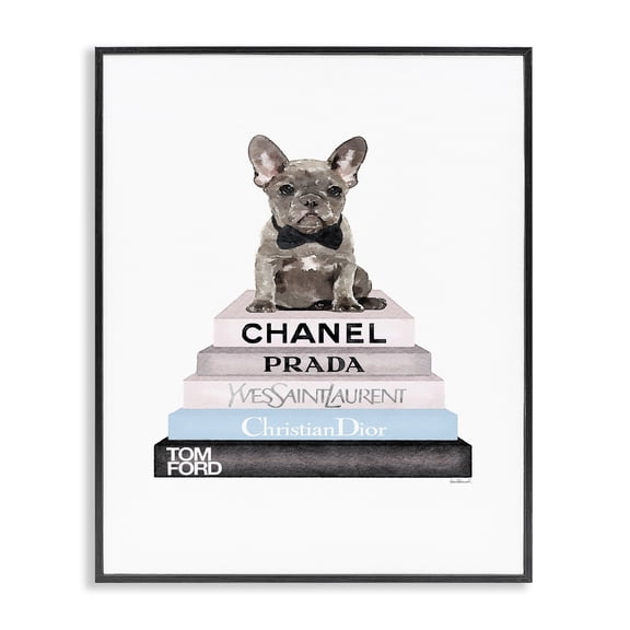 Stupell Industries Eclectic Grey Blue and Black Fashion Bookstack with Grey Frenchie Puppy Black Framed Giclee Art, 11 x 14, by Amanda Greenwood