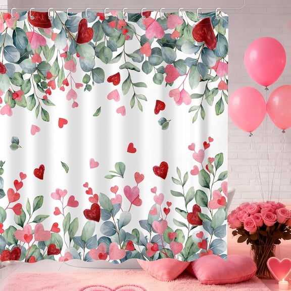 Valentines Eucalyptus Shower Curtain, Valentines Day Decor Bathroom Curtain Set - 72x72 Inch Waterproof Polyester Fabric with Hooks