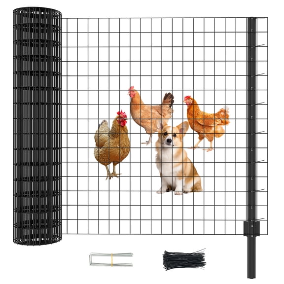 MOPHOTO Galvanized Fence Netting,50'X 45.3'' Boundary Fence with 5 Metal Posts,50 Ties,15 Pcs U-shapedhook,Portable Poultry Fence for Dogs,Chickens,Ducks in Backyard,Garden,Farm(Black)