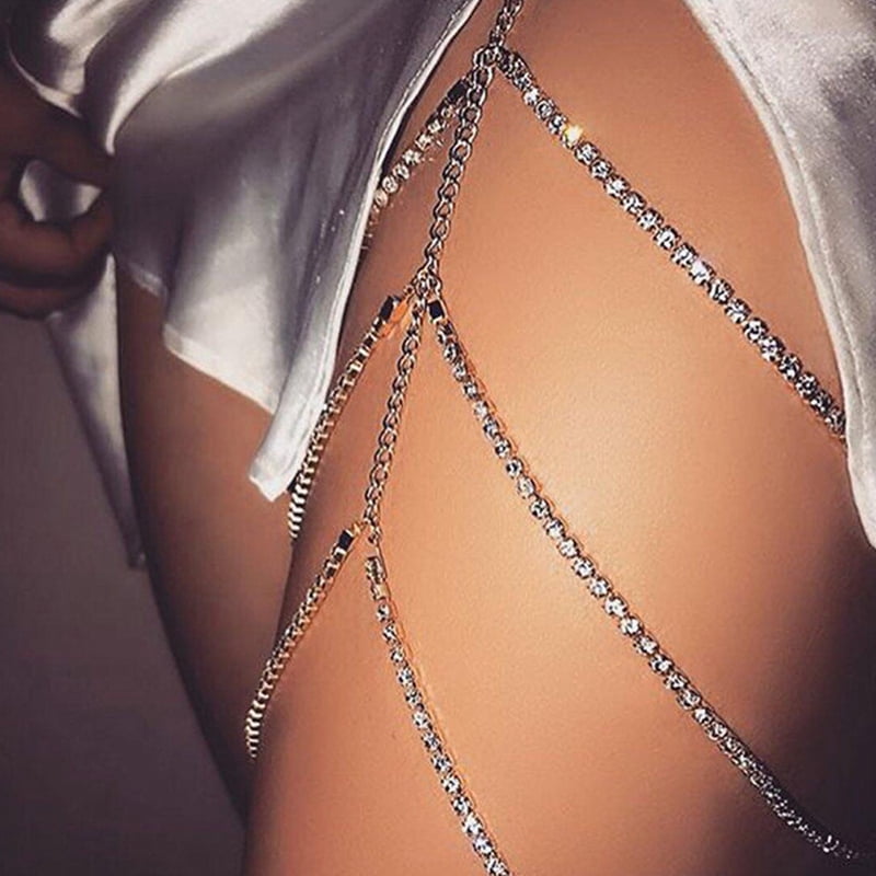 Women Leg Chain Fashion Rhinestone Layered Thigh Chain Body Jewelry for