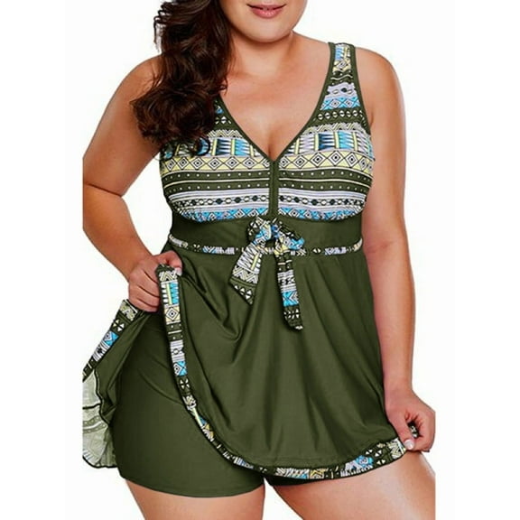 Langwyqu Plus Size Women Summer 2 Pieces Swimsuit Set Printing Bench Tankinis