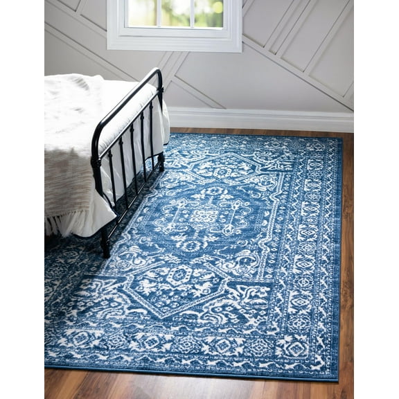 Rugs Boston Collection Area Rug, 5' x 8', Low-Pile Blue Floral Design