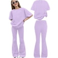 thumbnail image 2 of YMNXA Kids Girls Two Piece Outfit Short Sleeve Round Neck Solid Color Top And Flared Pants Fashion Breathable Sets For Everyday Wear,Purple,7-8 Years, 2 of 4