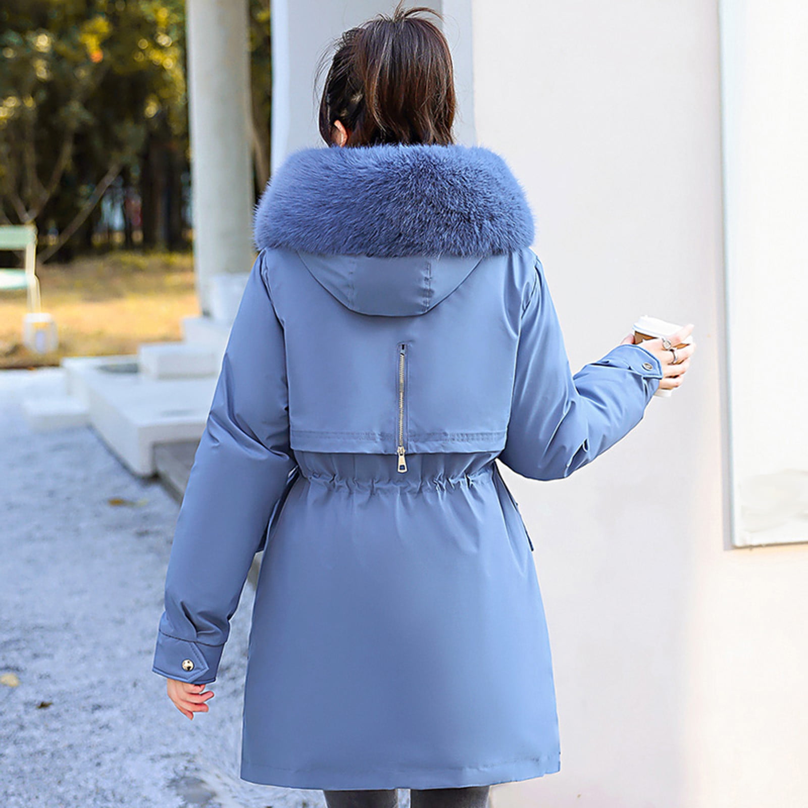 Olyvenn Stylish Womens Warm Long Coat Hoodies Collar Jacket Slim Winter  Parkas Outwear Coats Cold Weather Thicken Furry Lined Thermal Down Jackets  Blue 14 