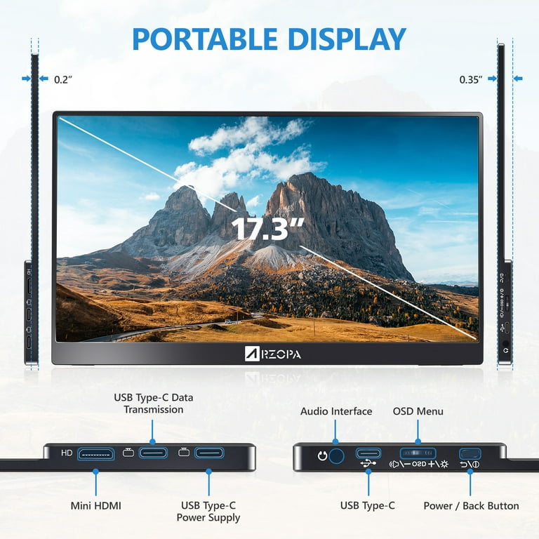Arzopa 15.6'' Portable Monitor FHD 1080P IPS USB-C Mini-HDMI