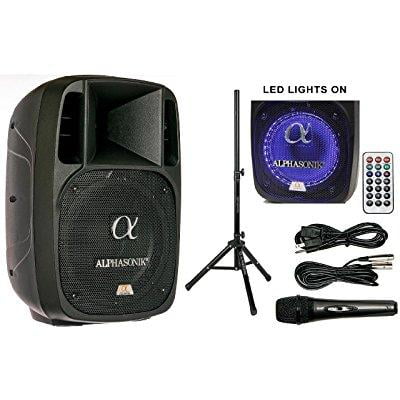 - alphasonik 10 powered 1600w pro dj amplified loud speaker bluetooth usb sd card aux mp3 fm radio pa system led ring karaoke mic main monitor, band church, party, guitar amp, home, bbq w/ tripod stand