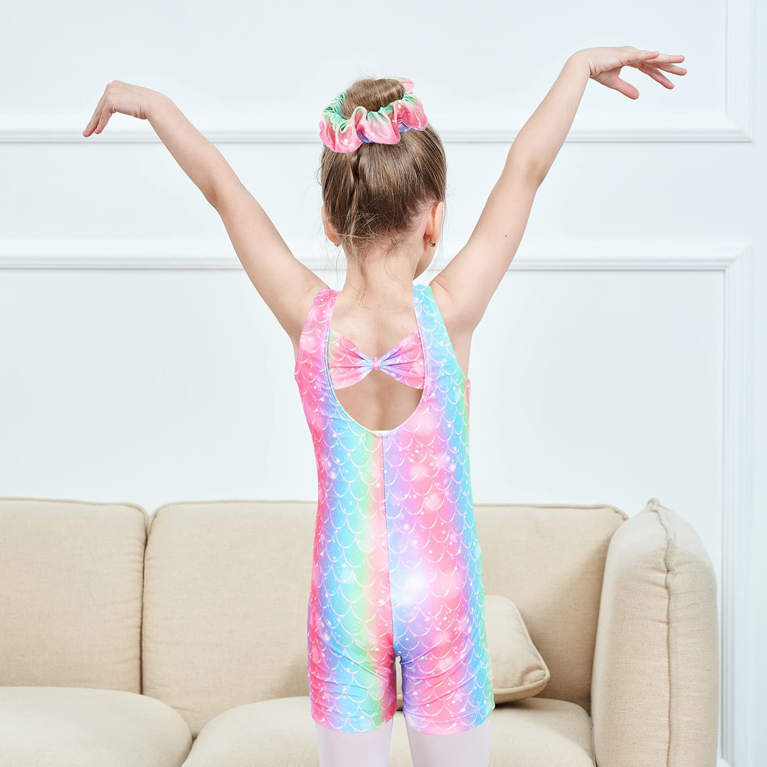 Leotards for Girls Gymnastics with Shorts Dance unitards Tumbling Biketards with Hair Scrunchie for3-13T 