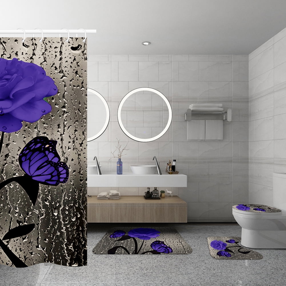4 Pcs Bathroom Shower Curtain Set Blue Rose Shower Curtain Bathroom Sets Valentine's Day Shower Curtain Sets with Rugs(Bath Mat,U Shape and Toilet Lid Cover Mat) and 12 Hooks