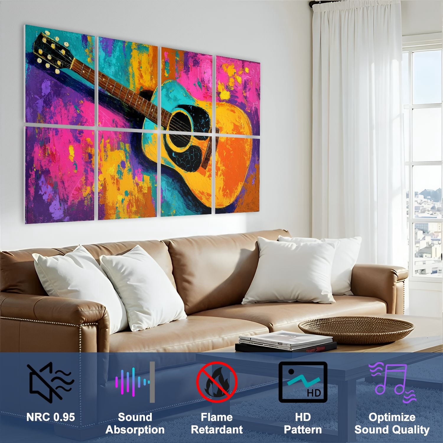8 Pack Art Acoustic Panels Sound Absorbing Abstract Artwork Country Rustic Decor Acoustic Guitar Violin Paint Decorative Soundproof Wall Panels Self Adhesive for Nursery Game Room Bedroom 48"x32"