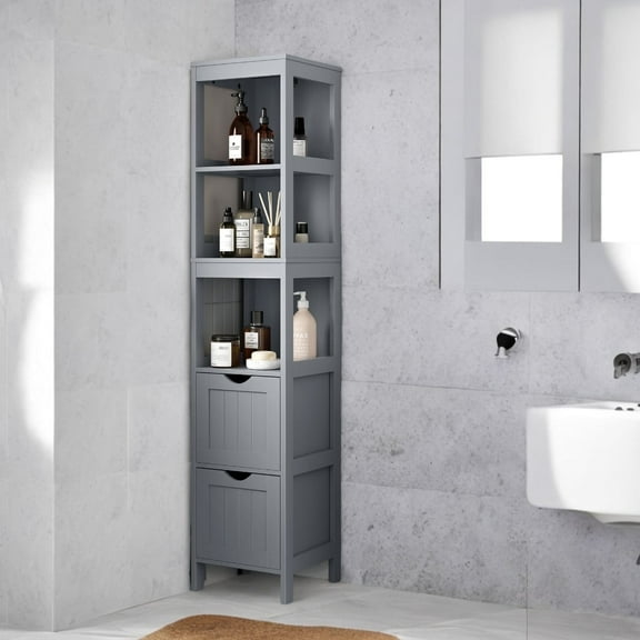 LEDREM Corner Cabinet with 2 Drawers & 3 Shelves, Freestanding Storage Organizer 55.7" Tall, Space-Saving Design, Dove Grey