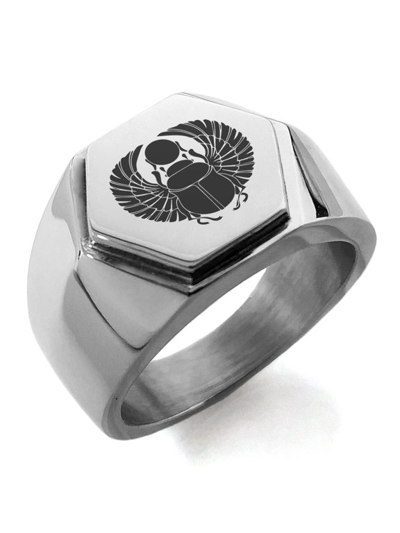 Stainless Steel Scarab Beetle Rising Sun Engraved Hexagon Crest Flat Top Biker Style Polished Ring
