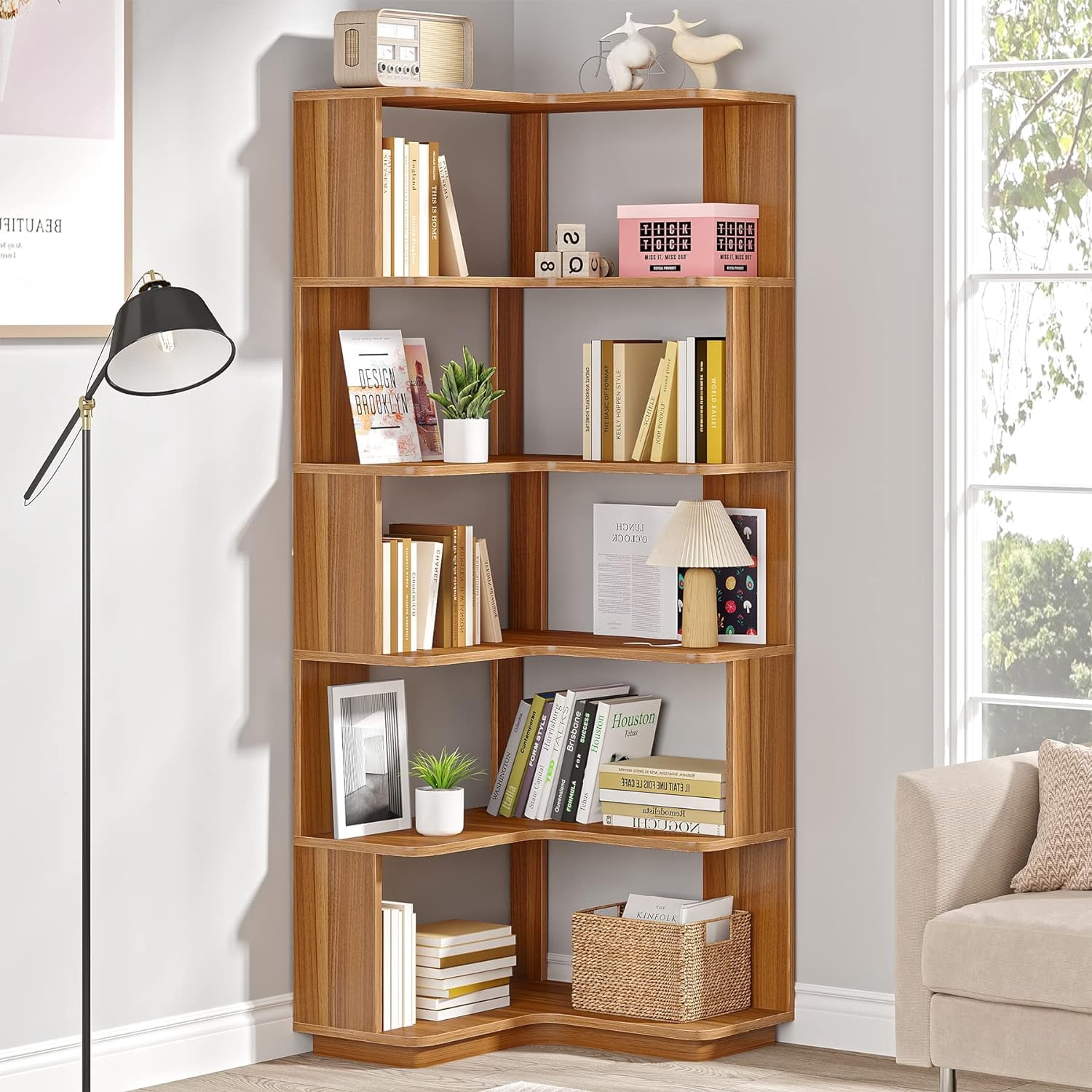 Tribesigns 64.9” 6-Tier Corner Bookshelf – Stylish Tall Storage Rack with Anti-Slip Design for Living Room & Office