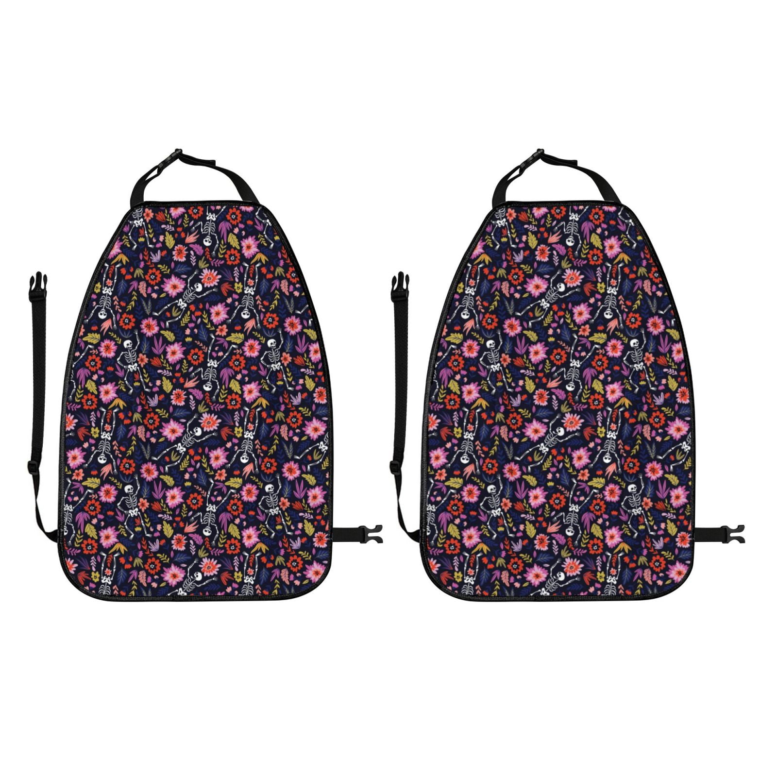Kdxio Dancing Skeletons Floral Garden Print 2 Pack Car Kick Mat Seat Cover Back Protector Mat with Pockets for Organizer Backseat Protector and Storage Anti Kick Pad for Vehicles