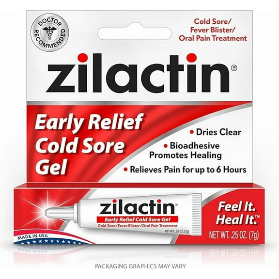 Zilactin Early Relief Cold Sore Gel-Fast Relief of Cold Sores and Fever Blisters, Made in USA, 0.25oz, Pack of 1