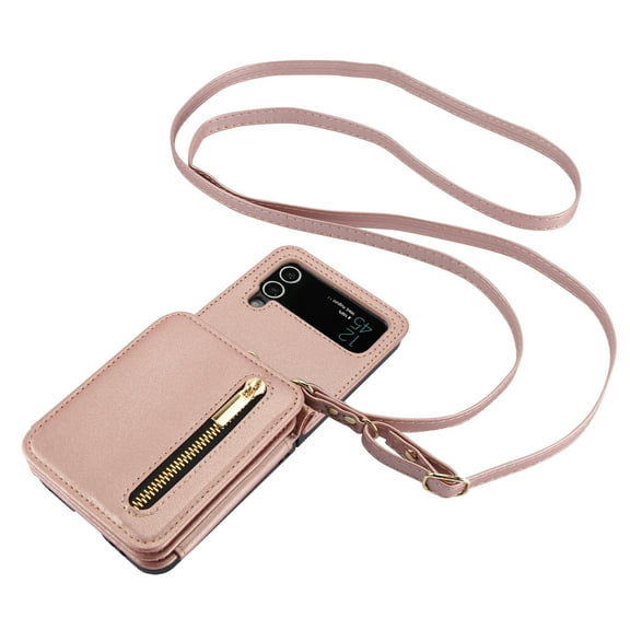 Allytechgroup Galaxy Z Flip 4 Wallet Case for Women Girls, Crossbody Shoulder Strap RFID Blocking Shockproof Cards Slots PU Leather Case Cover, Rosegold