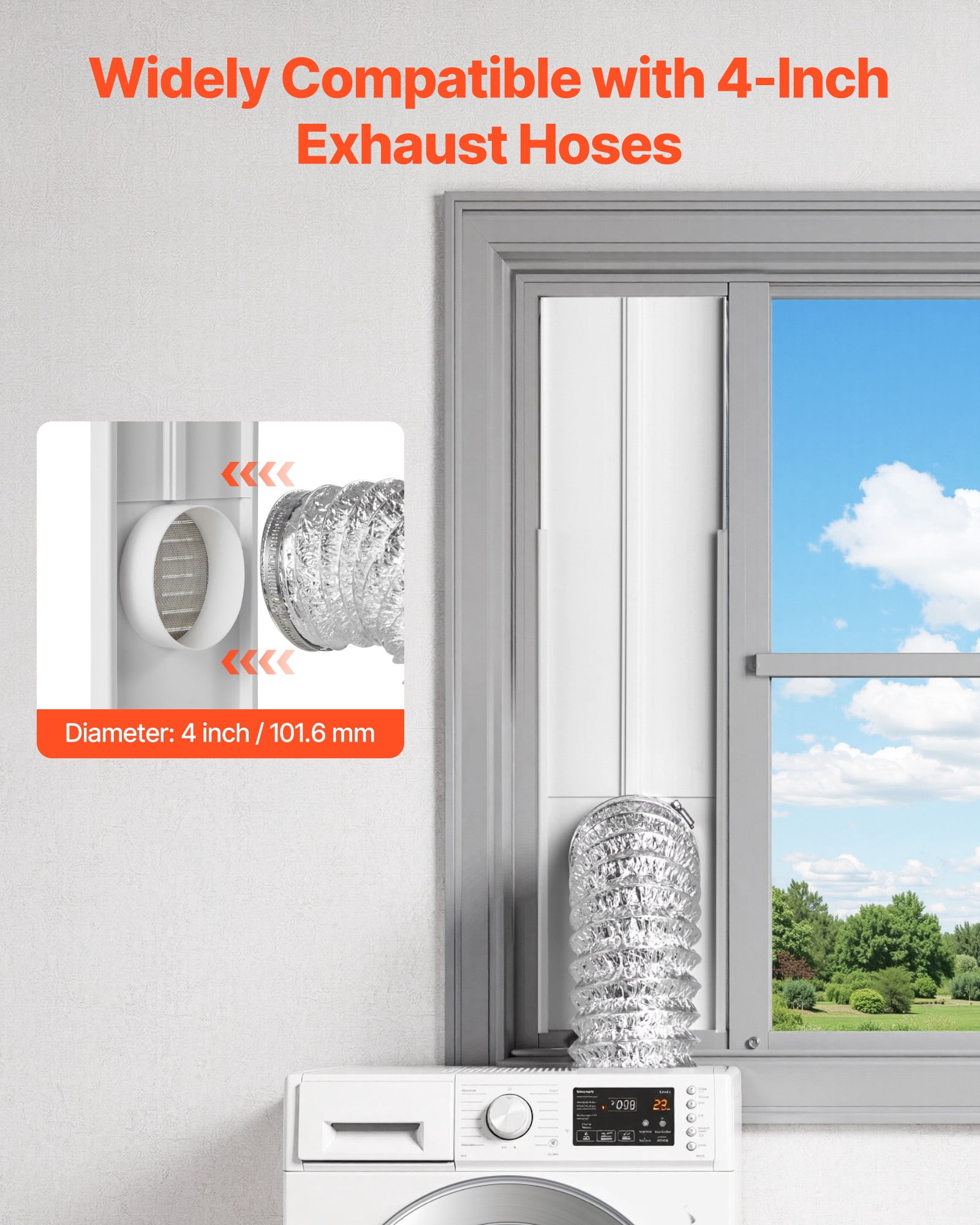 VEVOR Dryer Vent Window Kit, Fits 4-Inch Exhaust Hoses, Adjustable Length for Adapts Sliding Windows of Different Heights, Sturdy PVC and PP Materials, Dual Protections & Multi-layer Sealing Design