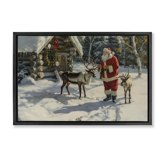 Stupell Industries Santa & Reindeer Scene Holiday Painting Black Floater Framed Canvas Art Prints Wall Art, 25 x 17