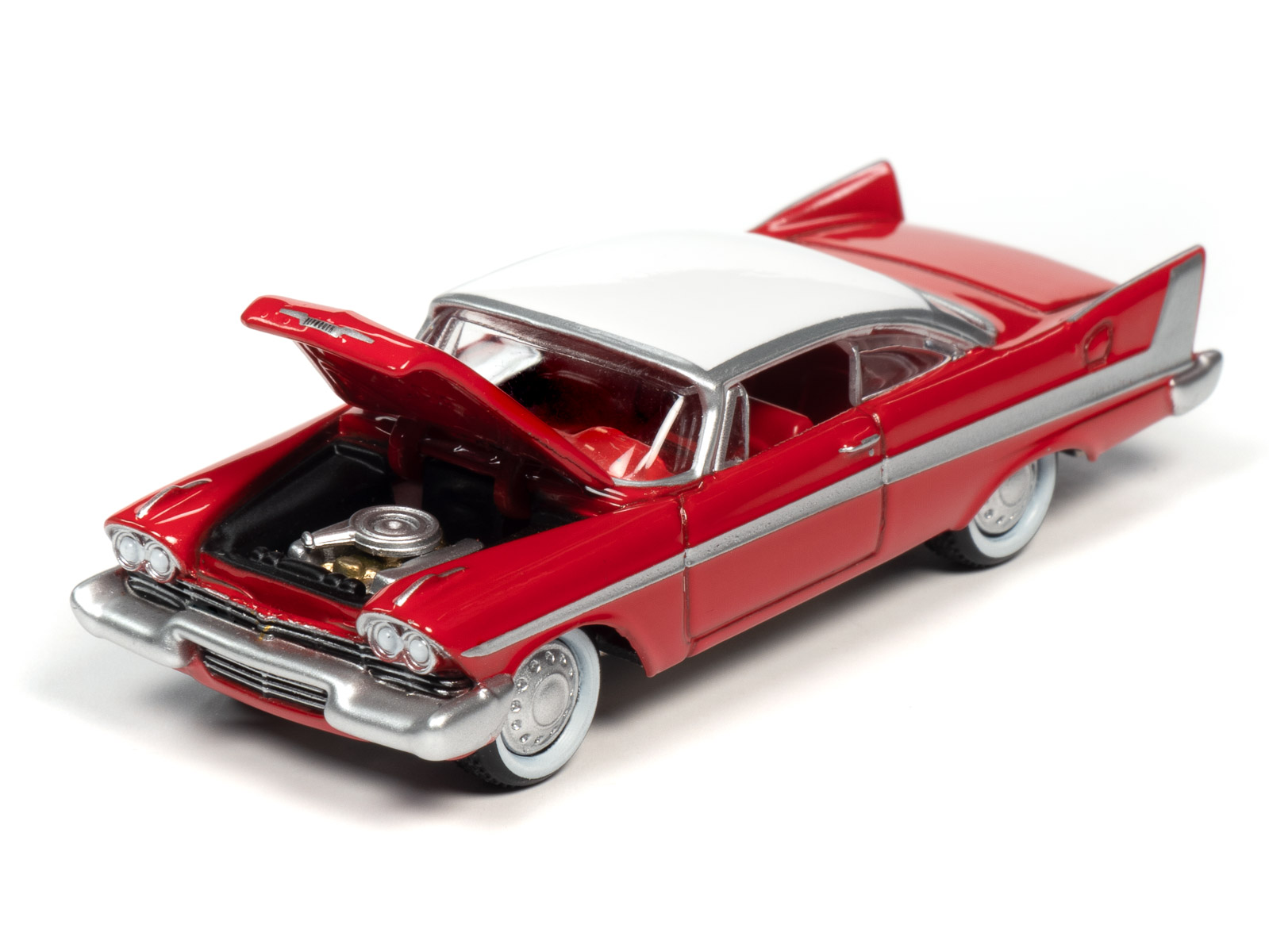 Menards O Gauge 14-3/4 Bi-Level Auto Carrier With 6 Die-Cast 1958 Plymouth Fury