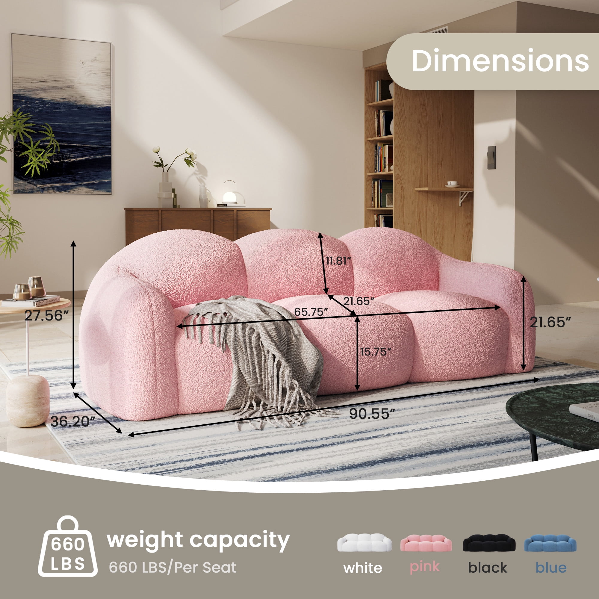The Magic Home 90" Modern Cloud Couch for Living Room, Boucle LoveSeat 3 Seater Sofa, Plush Floor Sofa Couch for Bedroom, Apartment, Small Space (Pink Couch, No Assembly Required)
