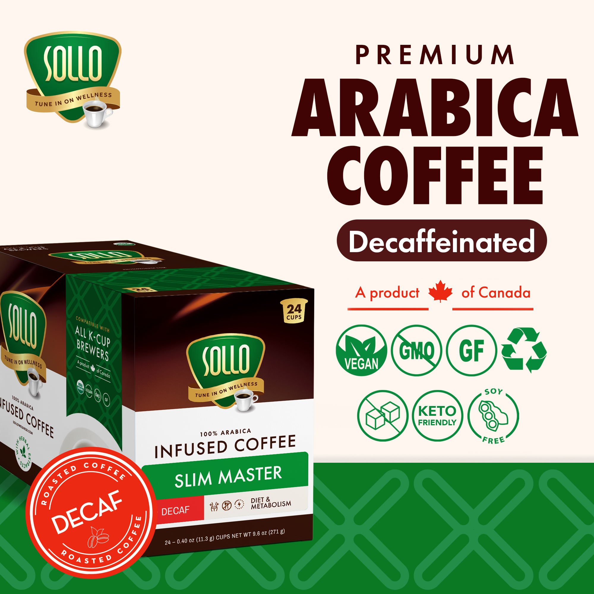 SOLLO Slim Decafenated Coffee Pods, Diet Support with Garcinia, GCBE and Vitamins, Bold Medium Dark Roast, Single Serve Pod, Compatible with Keurig K-Cup Brewers, 24 Ct