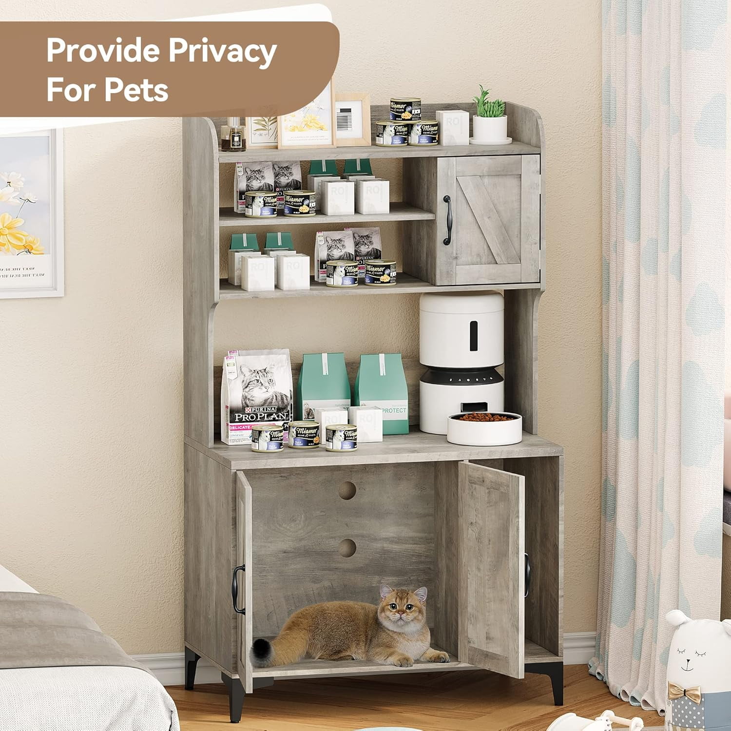 Litter Box Enclosure with Platform,51.1 inch Large Cat Litter Box Enclosure Furniture with 4 Layer Storage Shelves,Hidden Litter Box Cabinet,Multi-Functional Cat House & Washroom