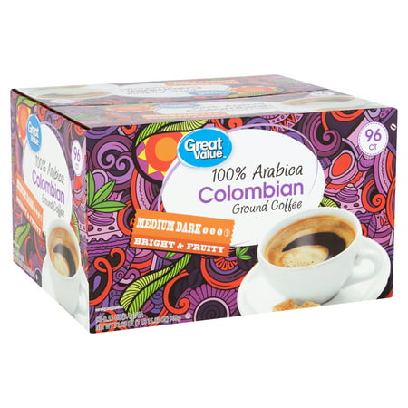 Great Value 100% Arabica Colombian Coffee Pods, Medium-Dark Roast, 96