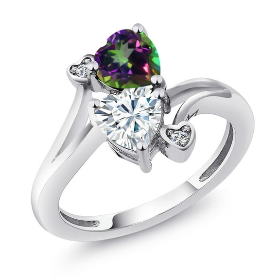 Gem Stone King 925 Sterling Silver Green Mystic Topaz White Moissanite and White Diamond Ring for Women (1.78 Cttw, Heart Shape 6MM, Gemstone Birthstone, Size 8)