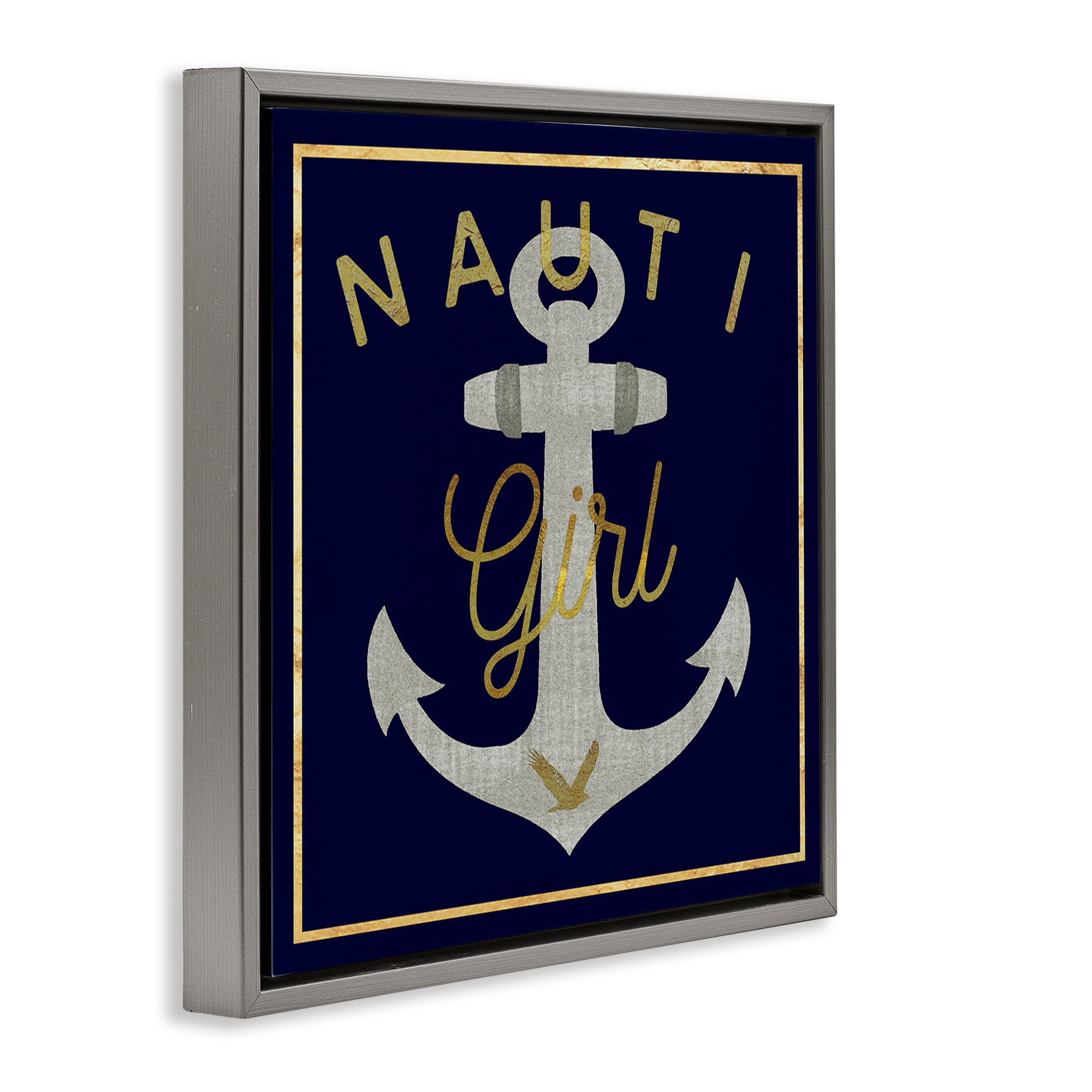 Stupell Industries Nauti Girl with Anchor Novelty & Humor Painting Gray Floater Framed Canvas Art Print Wall Art, 18 x 18