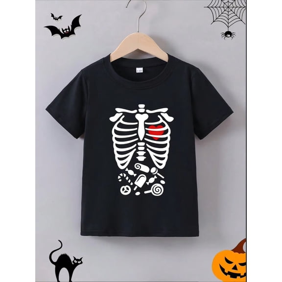 Halloween Boys T-Shirt Skeleton With Red Heart 100% Cotton Short Sleeve Tees Gift For Kids