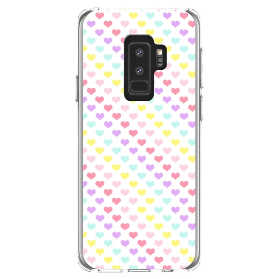 DistinctInk Clear Shockproof Hybrid Case for Samsung Galaxy S9  PLUS (6.2" Screen) - TPU Bumper, Acrylic Back, Tempered Glass Screen Protector - Rainbow Hearts Diagonal Pattern