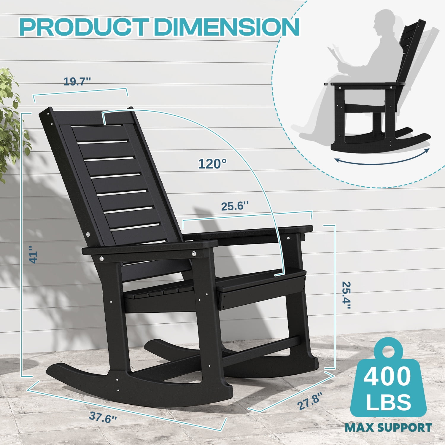 FODINGHILL Outdoor Rocking Chair Set of 2,HDPE Oversized Rocking Chair Outdoor,High Back Rocking Patio Chairs for Porch Garden Balcony,Black