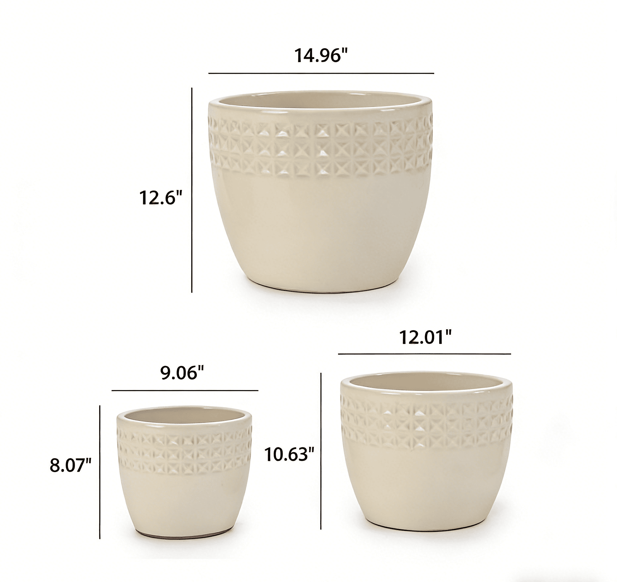 mdj pottery 3pcs Handmade Ceramic Planter Set, 15/12/9 Inch, Antique White Diamond Pattern, Ceramic Flower Pots for Orchids Succulents, Indoor Outdoor Windowsill Bookshelf Decor