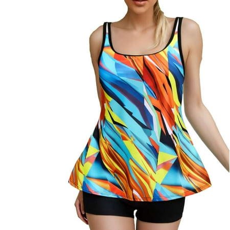 Wyobmus Tankini Swimsuits for Women Two Piece Tummy Control Bathing Suit High Waist Printing Padded Swim Dress With Boyshorts H-Multicolor