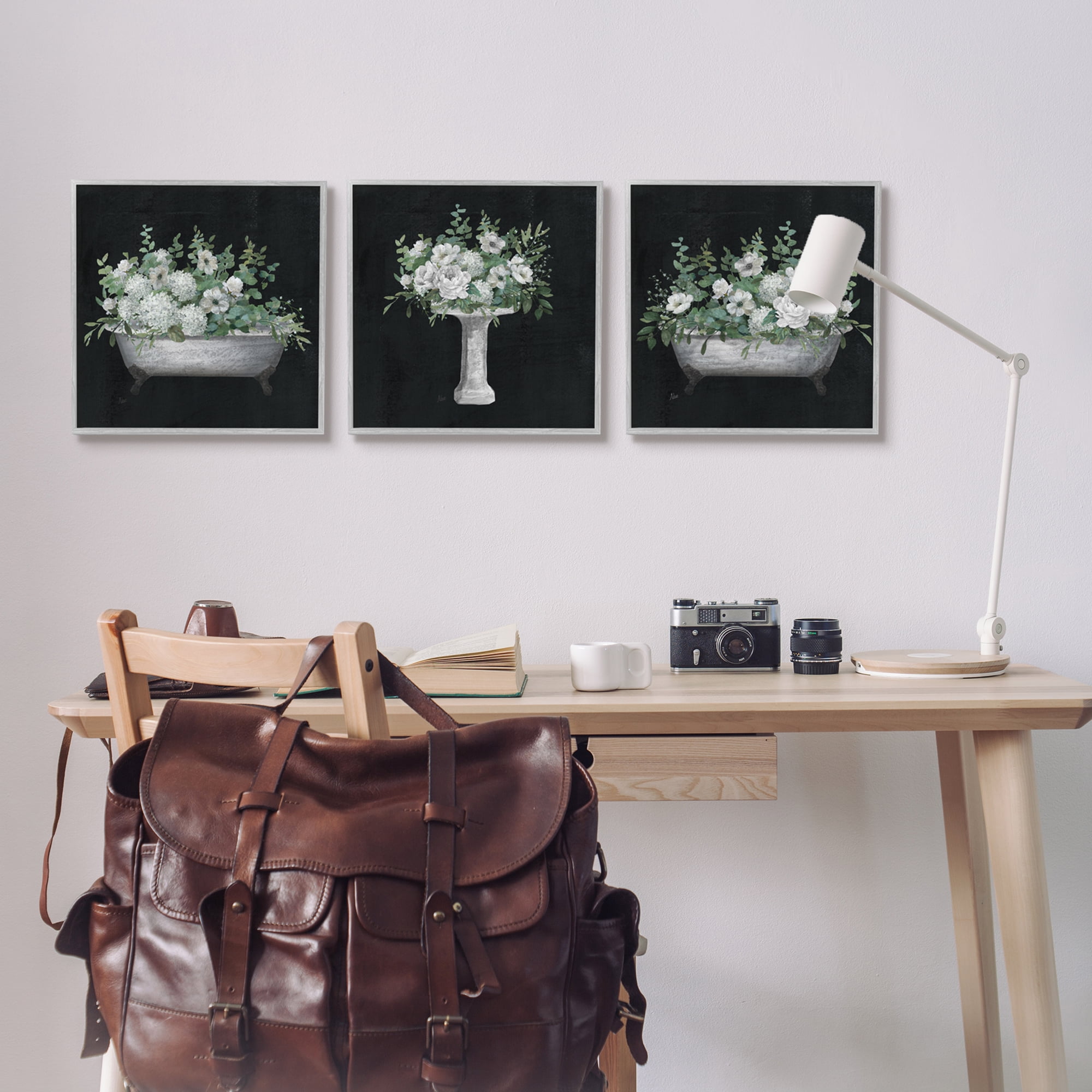 Stupell Industries Vintage Bathroom Hydrangeas Botanical & Floral Painting Gray Framed Art Print Wall Art, 17 x 17, Set of 3