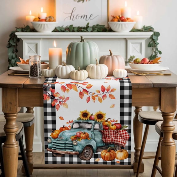 Fall Truck Table Runner, Autumn Thanksgiving Kitchen Dining Table Decoration for Home Party Decor 13x48 Inches