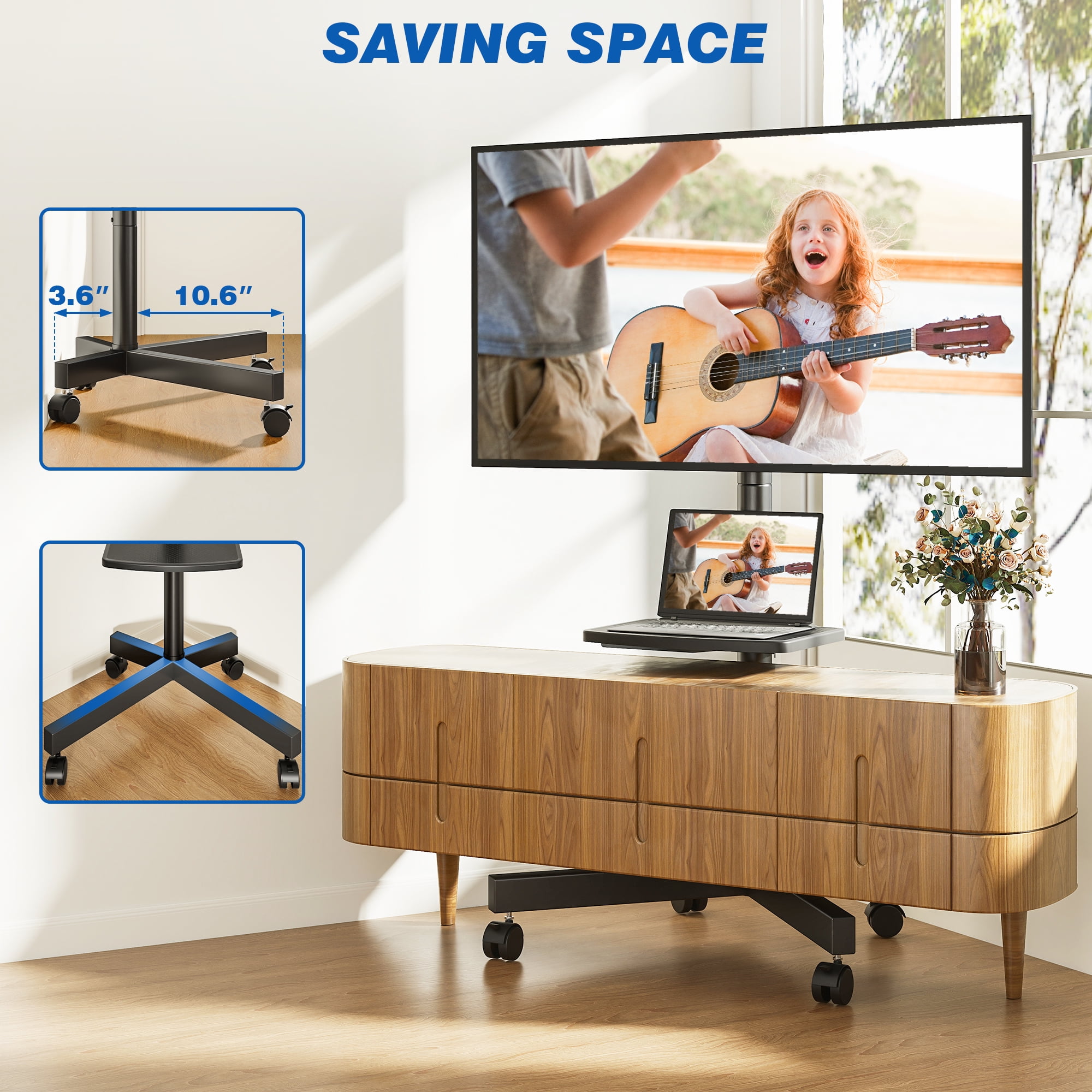 TAVR Furniture Mobile Rolling TV Cart with Locking Wheels for 23-60 inch TVs, Adjustable Rolling Floor Stand TV Trolley Holds up to 88lbs