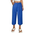 thumbnail image 5 of XPMWRP Women's High Waist Pleated Wide Leg Capri Pants Button Closure Casual Loose Trousers with Pockets Stretchy for Work Blue M, 5 of 5
