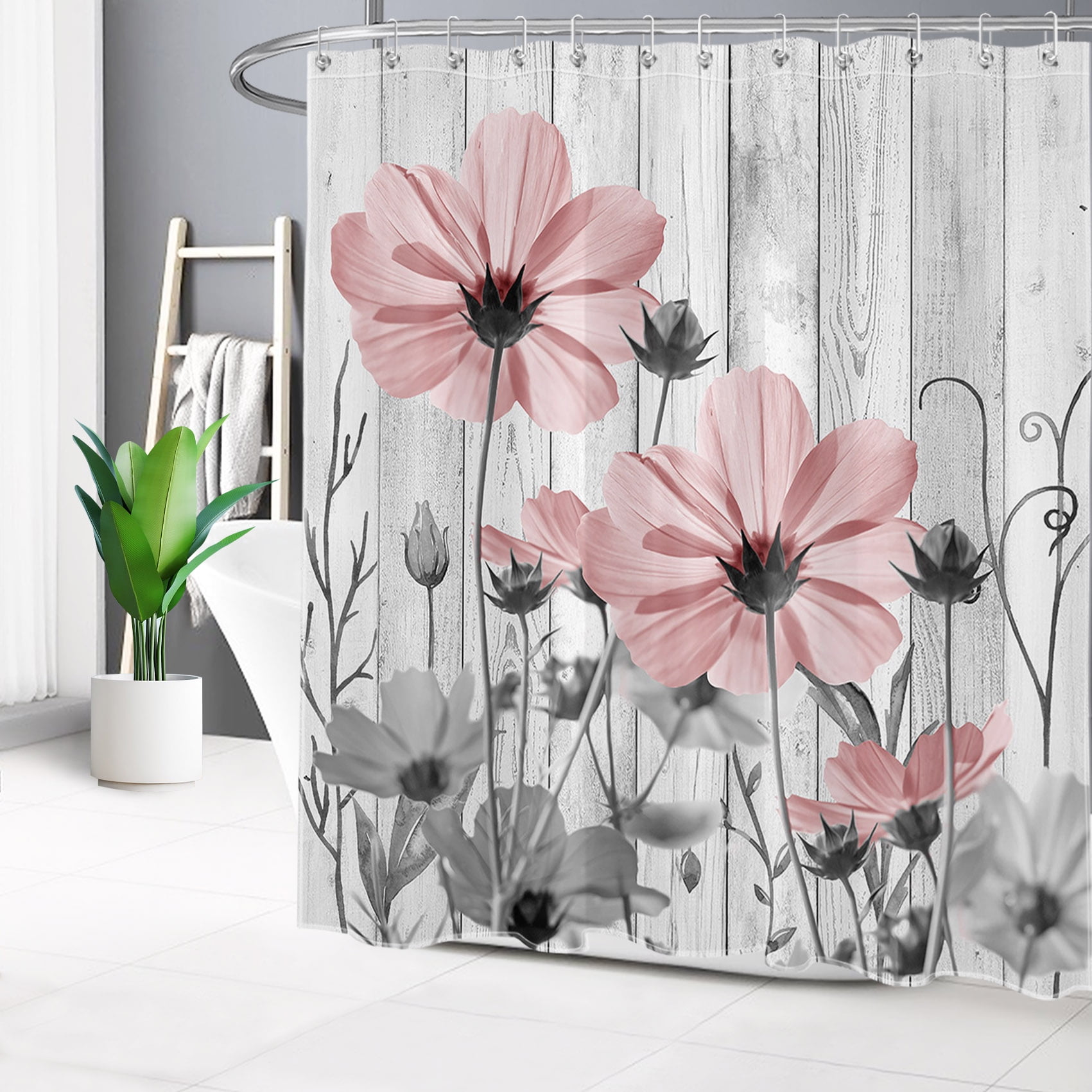HVEST Pink Flower Shower Curtain, Vintage Watercolor Floral Grey Wooden Planks Bathroom Shower Curtain Plant Leaves Polyester Fabric Decor Curtain with Hooks, 72X78 inch