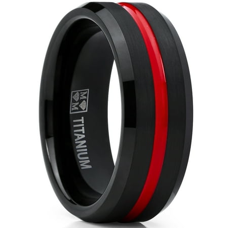Red Black Engagement Ring Men's Titanium Ring Wedding Band, Black and Red Plated Brushed Engagement Ring, Grooved, Comfort Fit 7-13 ()