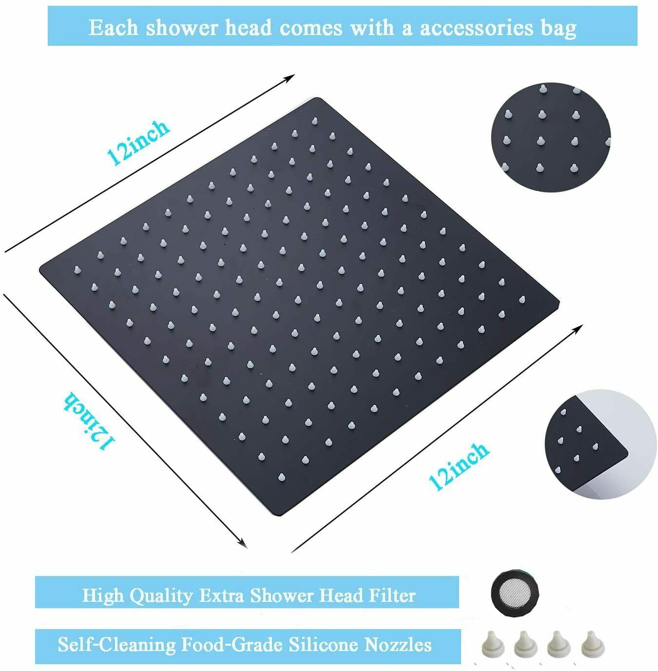 Black 12" Rain Shower Head Ultra thin Square Rainfall Sprayer Ceiling/Wall Mount