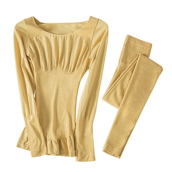 Women Thermal Underwear Set For Winter Casual Warm Solid Color Thin Skinny Self Heating Warm Clothing Seamless Round Neck Shaping Underwear Set Yellow One Size
