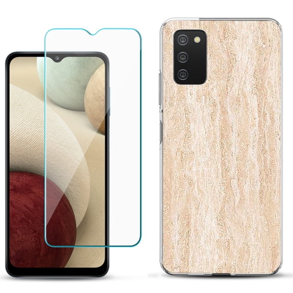 Slim-Fit TPU Phone Case Compatible with Samsung Galaxy A02s, with Tempered Glass Screen Protector, by OneToughShield ® - Marble/Coffee Tone
