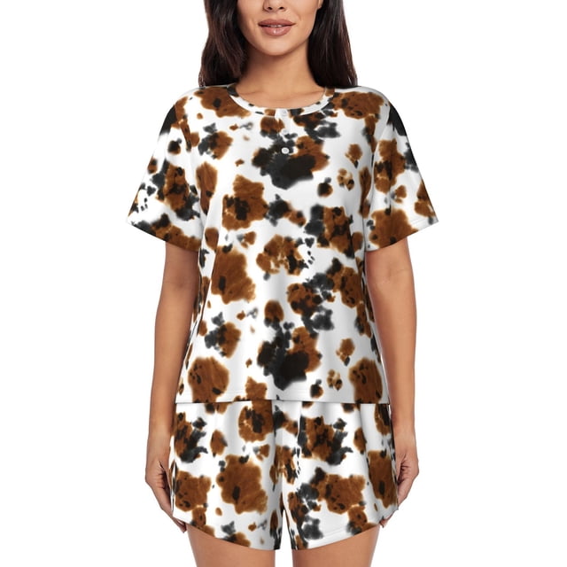 Fotbe Cow Tie Dye Conjunto de Pijama Estampado para Mujer, 2 Piezas, Ropa de Dormir con Camiseta de Manga Corta y Shorts Suaves-3X-Large