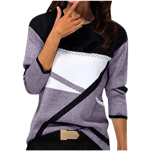 Sweaters For Women Sevevn Women's Casual Geometry Printed T-Shirt Long Sleeve Blouse Round Neck Casual Sweater
