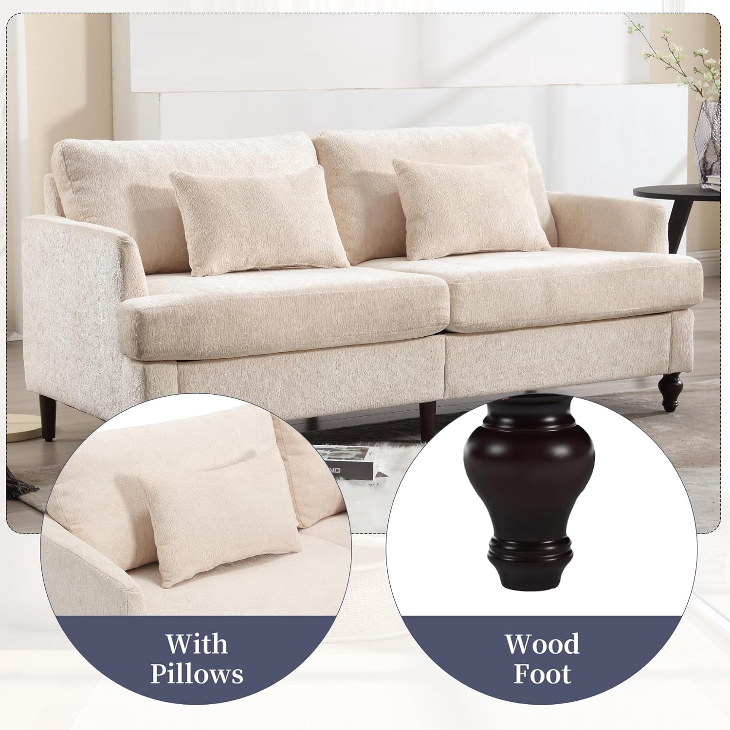 MOONMISS chenille Fabric Loveseat sofa, 2-Seat Upholstered for Living Room,Brown wood feet Beige