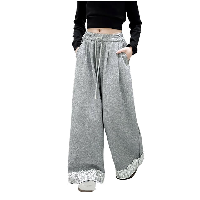 Odeerbi 3-16 Años Niñas Pantalones de Chándal de Algodón Con Ribete de Encaje Workout Athletic Sports Pantalones de Pierna Ancha Cintura Alta Joggers Con Bolsillo