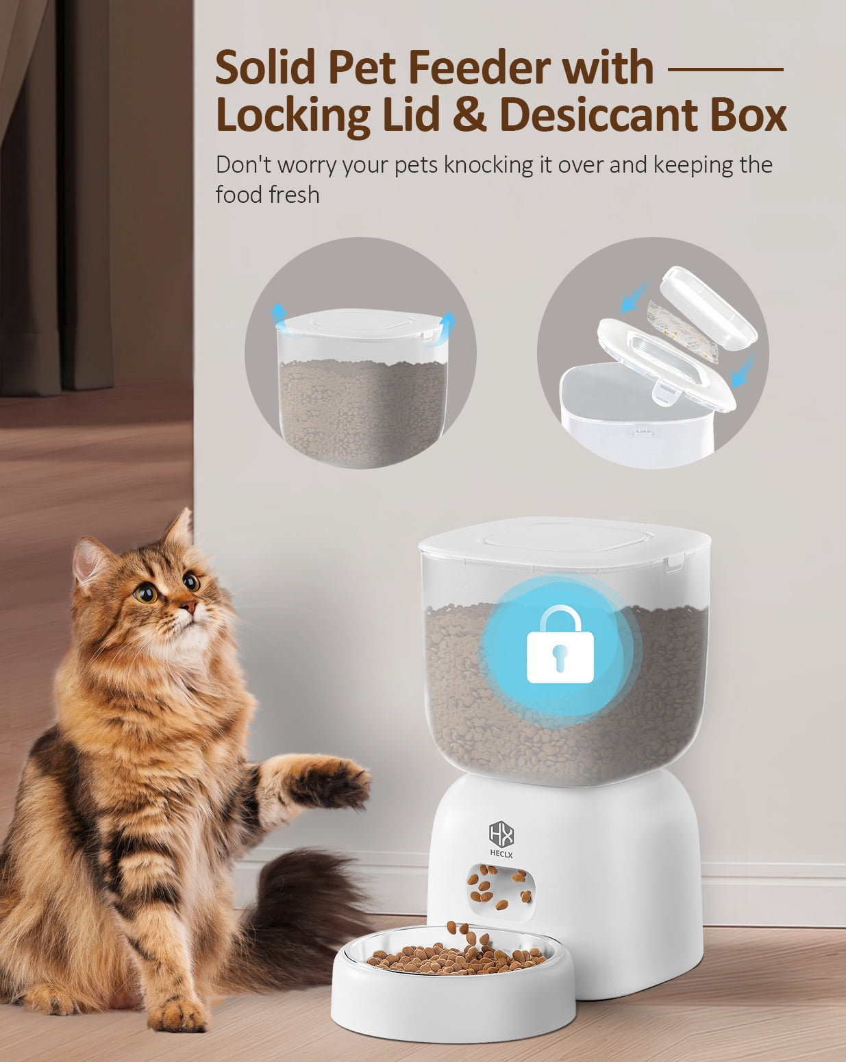 Automatic Cat Feeder and Water Dispenser Set with Pet Food Bowl, Smart Cat Food Timer Automatic Feeder, Locking Lid, Voice Recorder (White)