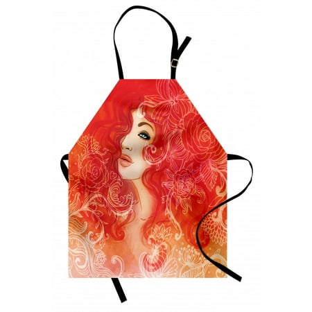

Girls Apron Woman Face with Floral Ornamentals in Hair Glamour Watercolor Modern Artwork Unisex Kitchen Bib Apron with Adjustable Neck for Cooking Baking Gardening Red Orange Cream by Ambesonne